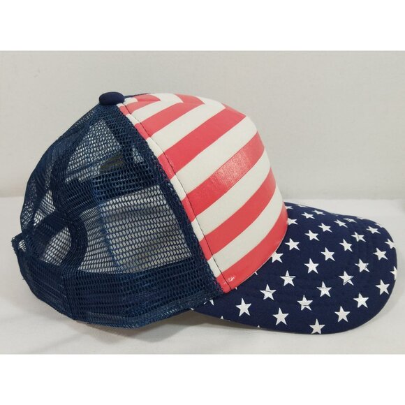 American Flag Trucker Hat Red & White Stripes Blue Star Pattern Patriotic - Picture 6 of 8